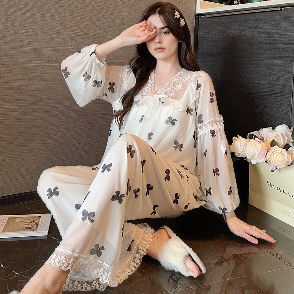 Women's Long Sleeve Pajama Dress with Chest Pad – Cute Printed Sleepwear-SH-PJS-0109