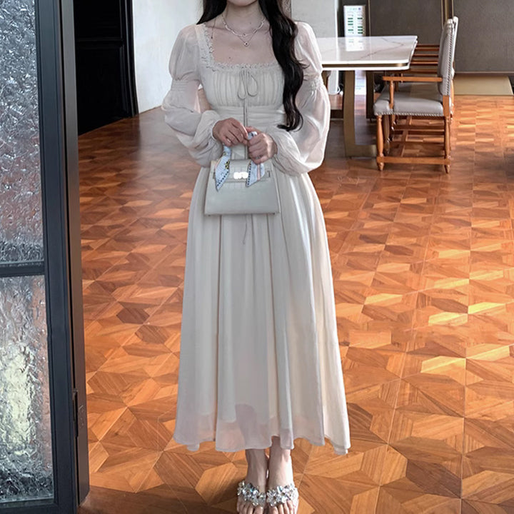 Temperament Square Collar Chiffon Long Sleeve Fairy Dress Women