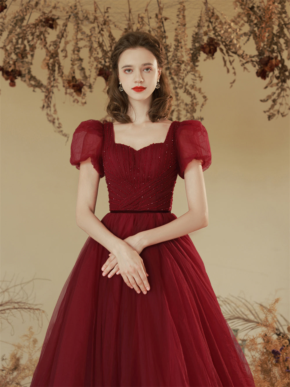 Solid Color Toast Clothing Wine Red Puff Sleeves - JOcaste
