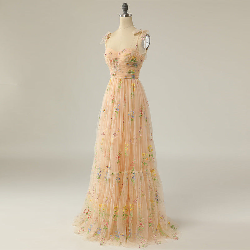 Long Niche Strap Embroidered Heavy Work Floral Dress - JOcaste