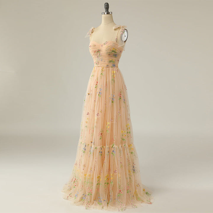 Long Niche Strap Embroidered Heavy Work Floral Dress - JOcaste