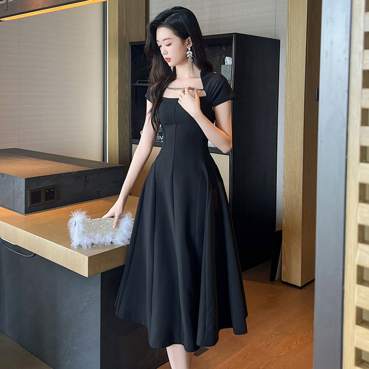 Square Collar Dress Women's Waist-controlled Large Hem