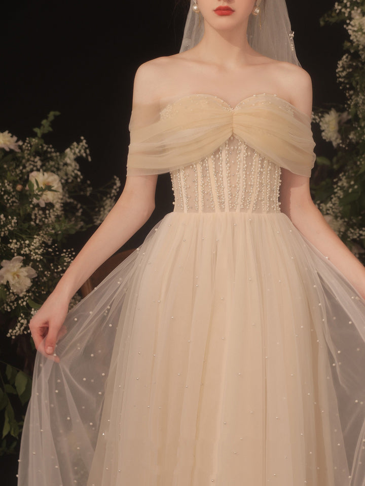 Wedding Dress Women's Off-shoulder Pearl Long Gauzy Skirt