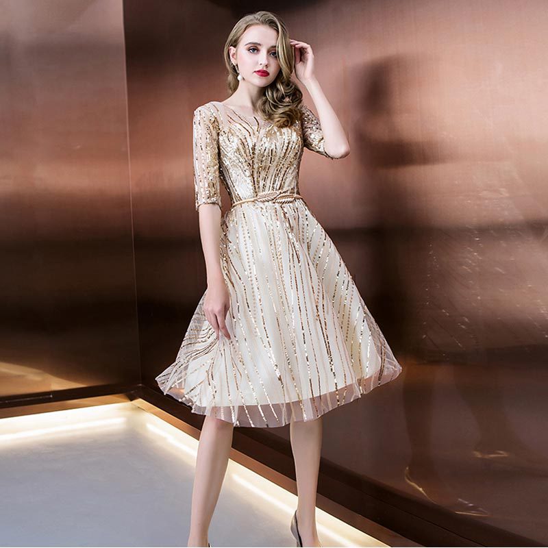 Elegant Short Mid-sleeve Sequin Evening Dress - JOcaste