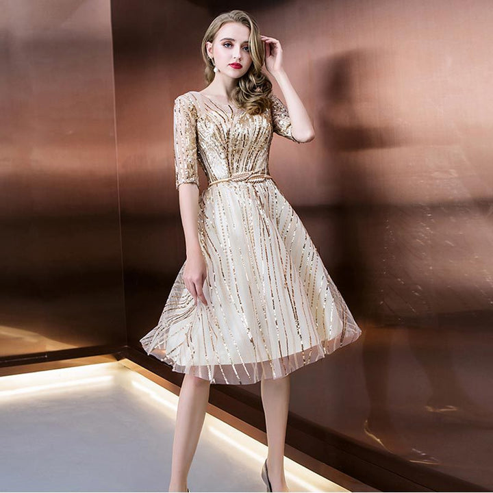 Elegant Short Mid-sleeve Sequin Evening Dress - JOcaste