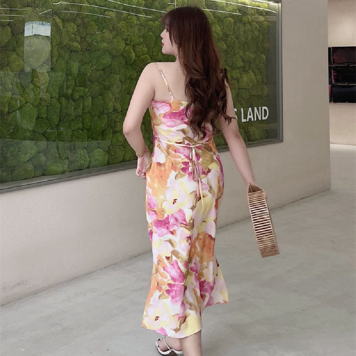 Printed Tulip Slant Collar Slip Dress