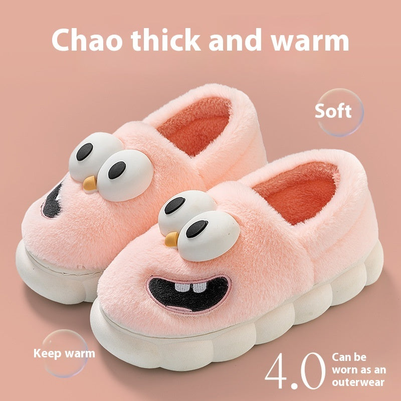 Big Eye Dog Cotton Slippers – Warm & Non-Slip Cartoon Flip Flops for Women