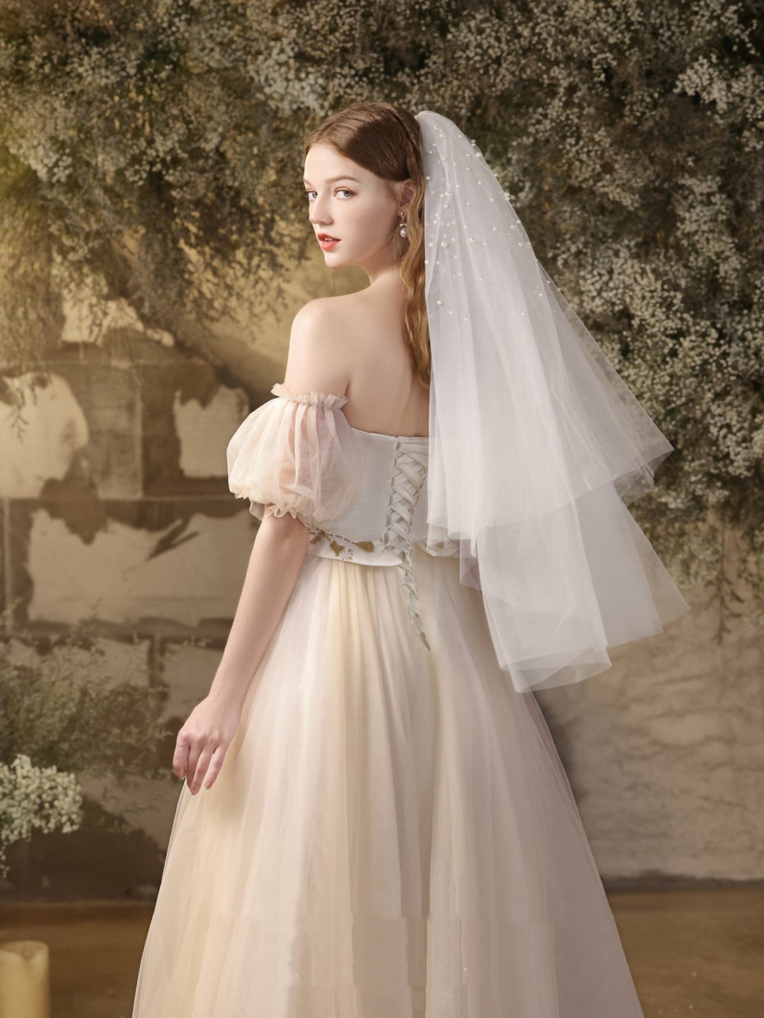 Bridal Wedding Dress White Bra Beaded Midi Gauze Dress