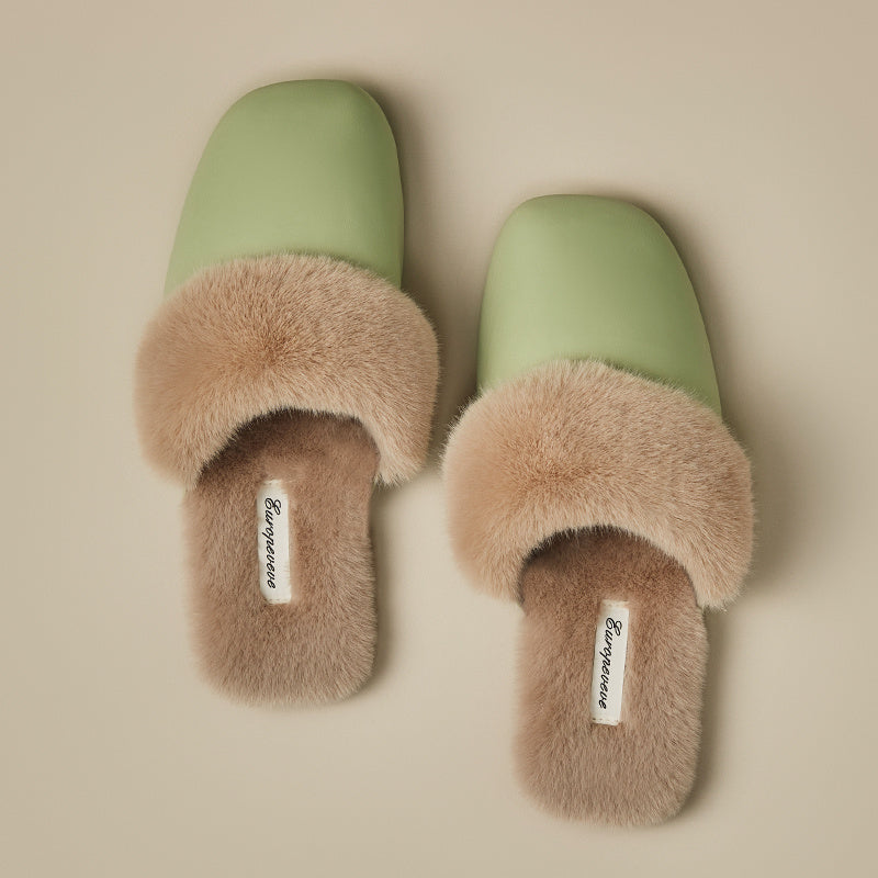 Women’s Fur Collar Home Slippers - Warm PU Upper, Simple Design, Sizes 36-45
