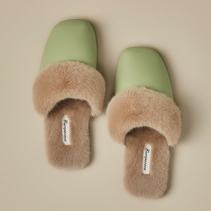 Women’s Fur Collar Home Slippers - Warm PU Upper, Simple Design, Sizes 36-45