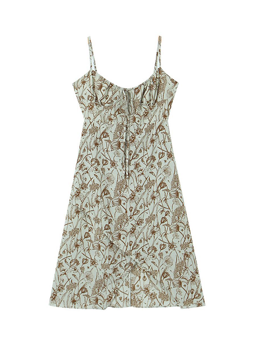 Sweet And Spicy Fragmented Flowers V-Neck Waist Strap Dress