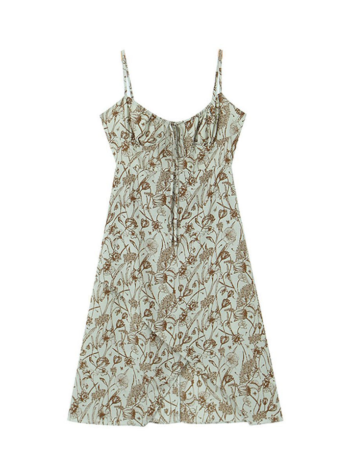 Sweet And Spicy Fragmented Flowers V-Neck Waist Strap Dress