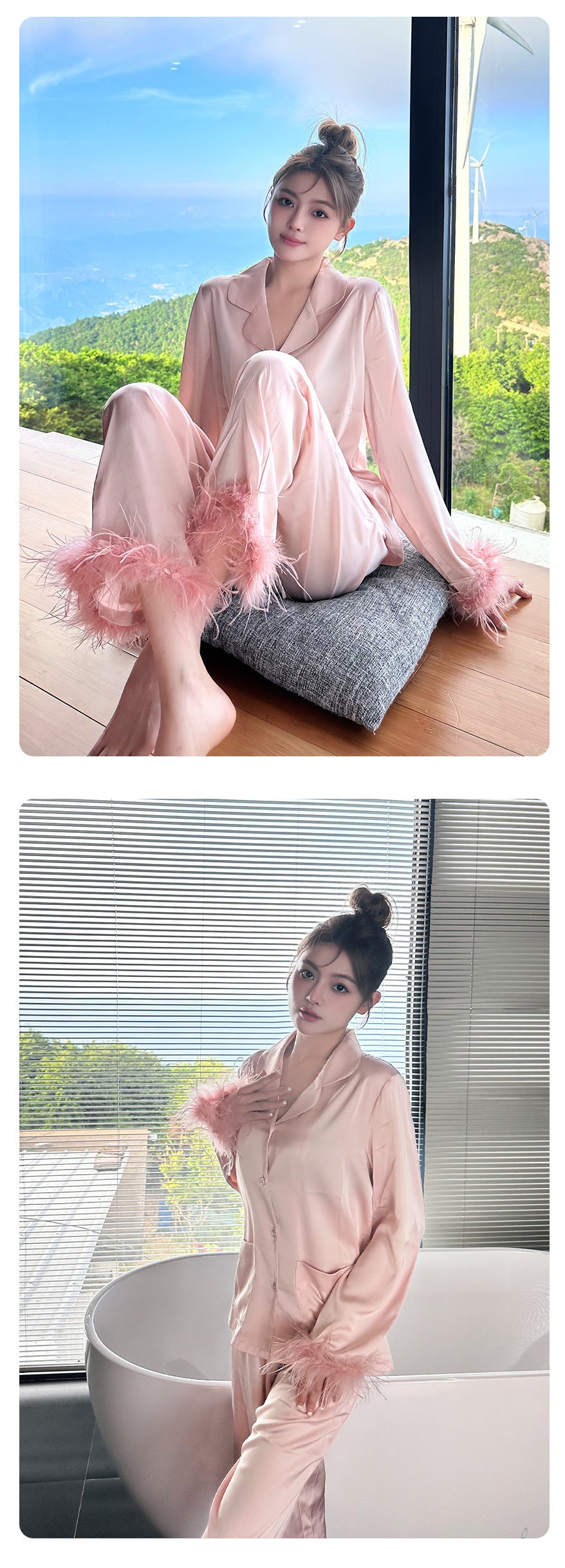 Ice Silk Satin Pajamas Feather Sleeve Homewear