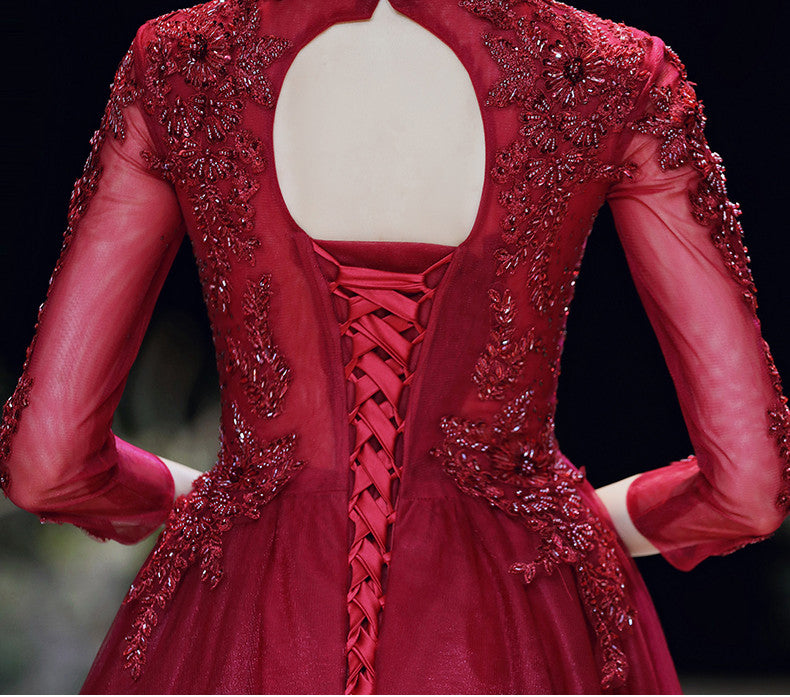 Long Sleeved Wine Red Banquet Temperament - JOcaste