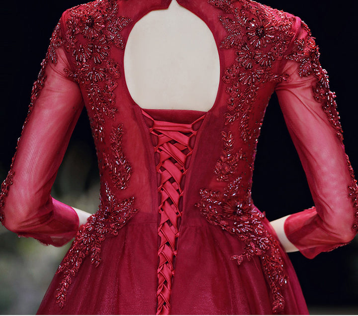 Long Sleeved Wine Red Banquet Temperament - JOcaste
