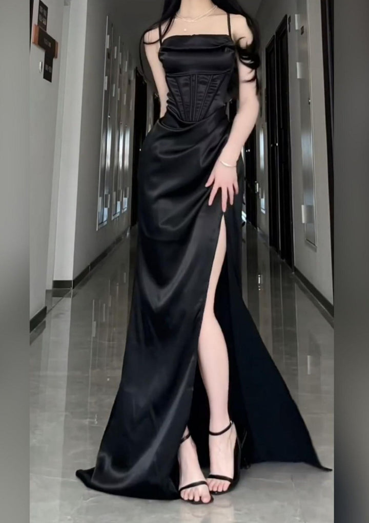 Long Formal Plus Size Black Slit Sling Dress
