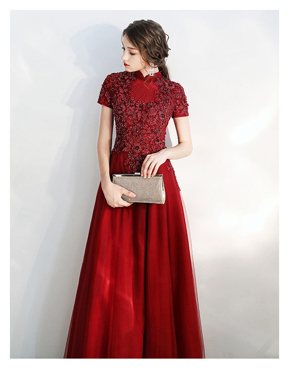 Long Sleeved Wine Red Banquet Temperament - JOcaste