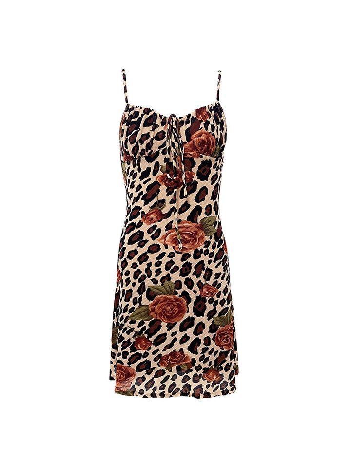 Vintage Leopard Print Printed Sling Short Dress