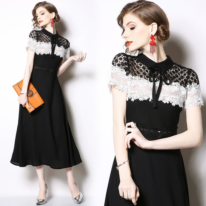 Black Lace Chiffon Patchwork Slim Dress – Mid-Length Style-SH-DR-0110