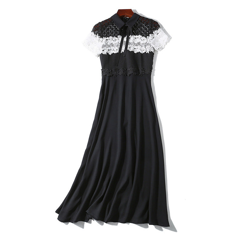 Black Lace Chiffon Patchwork Slim Dress – Mid-Length Style-SH-DR-0110