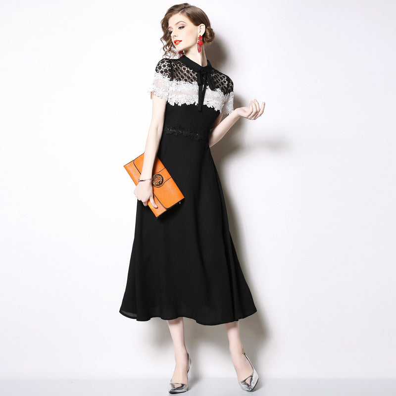 Black Lace Chiffon Patchwork Slim Dress – Mid-Length Style-SH-DR-0110