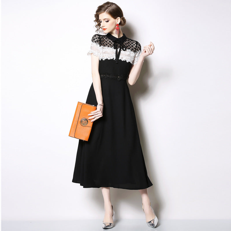 Black Lace Chiffon Patchwork Slim Dress – Mid-Length Style-SH-DR-0110