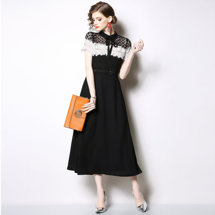 Black Lace Chiffon Patchwork Slim Dress – Mid-Length Style-SH-DR-0110
