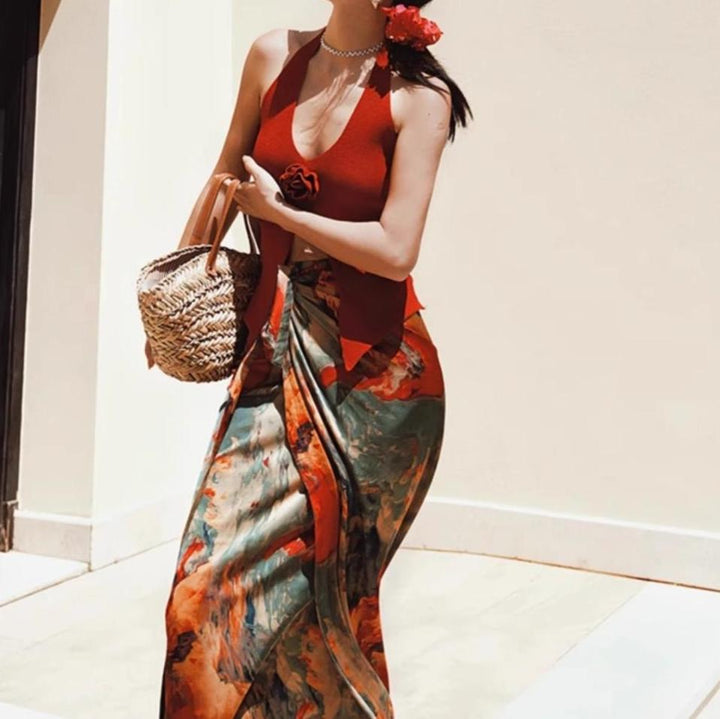 Vacation Style Oil Painting Printed Satin Long Skirt