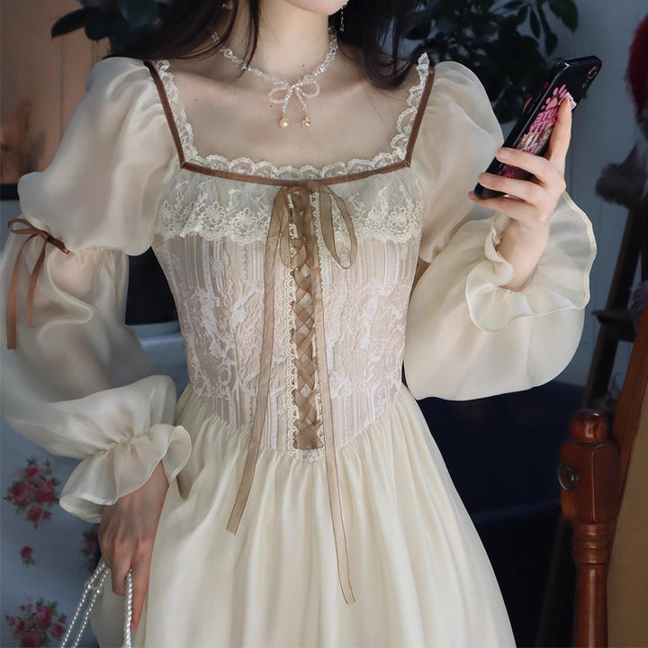 French Retro Long Dress Court Style Square Collar