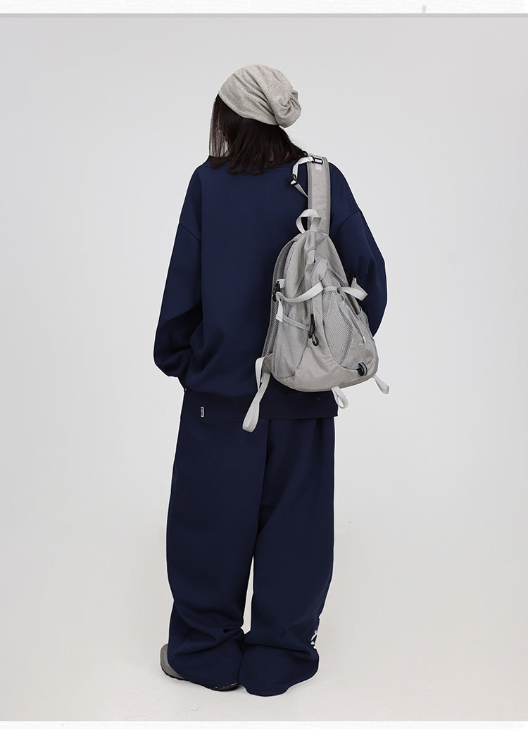 Navy Blue Off-Shoulder Sweater & Trousers Set – Women's Cotton Two-Piece Suit-SH-SS-002