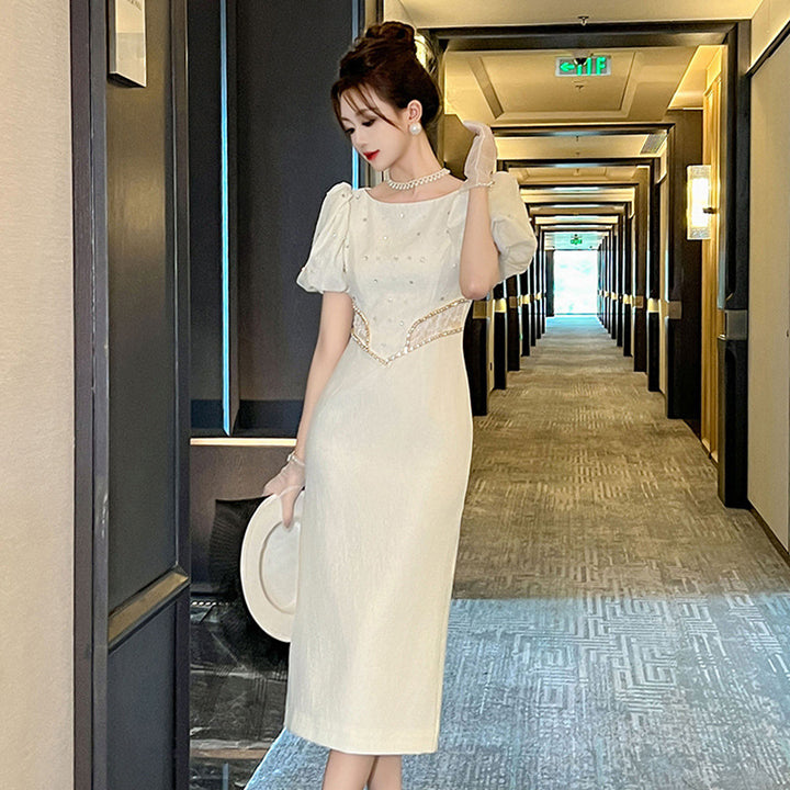 Round Neck Puff Sleeve Slim Fit Dress Women