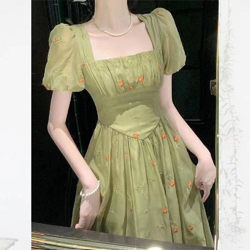 Waist Tightening And Slimming Green Floral Dress For Women