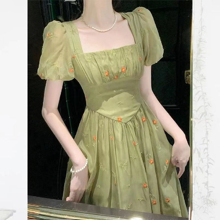 Waist Tightening And Slimming Green Floral Dress For Women