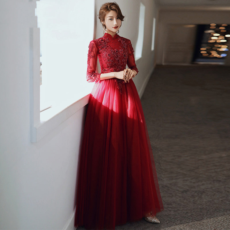 Long Sleeved Wine Red Banquet Temperament - JOcaste