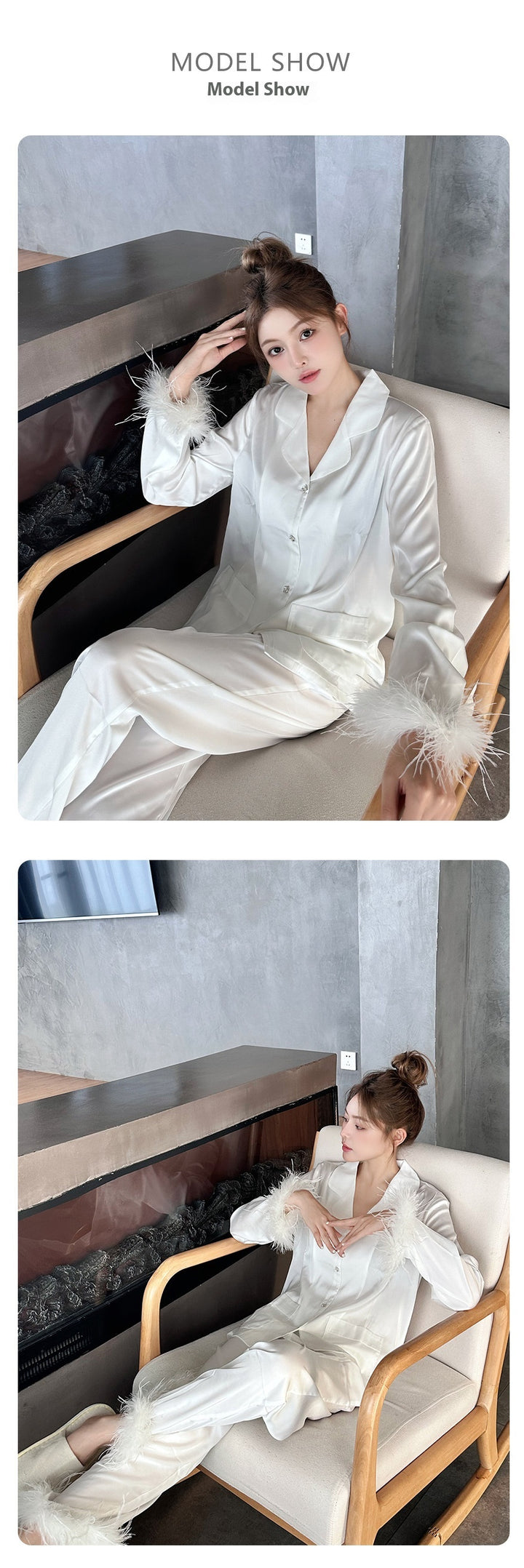 Ice Silk Satin Pajamas Feather Sleeve Homewear