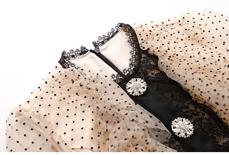 Polka Dot Panel Lace Slim Fit Wrap Hip Skirt