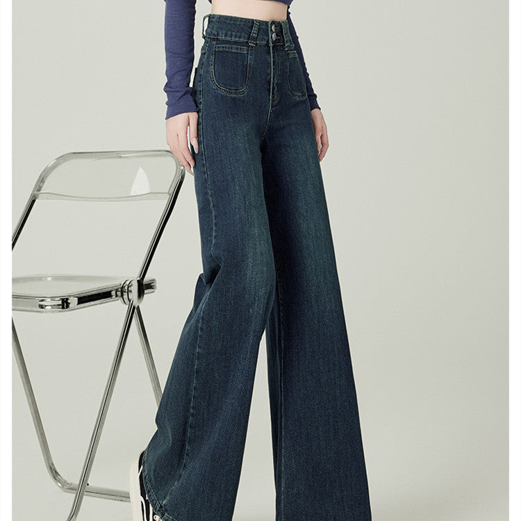 Women’s Vintage Blue High Waist Jeans – Distressed Multi-Pocket Denim-SH-BT-018