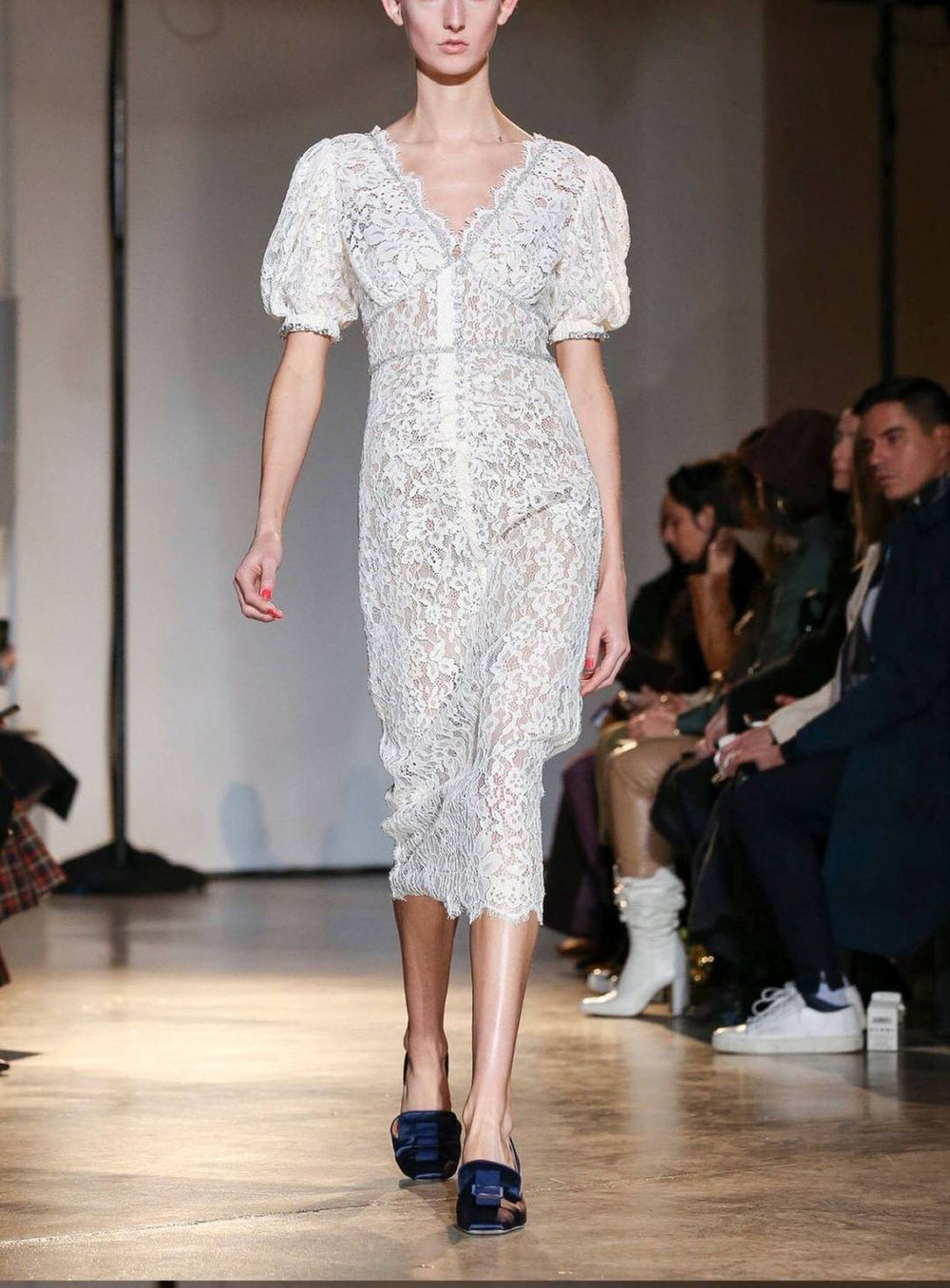 Ladies White Lace V Neck Rhinestone Button Dress - JOcaste