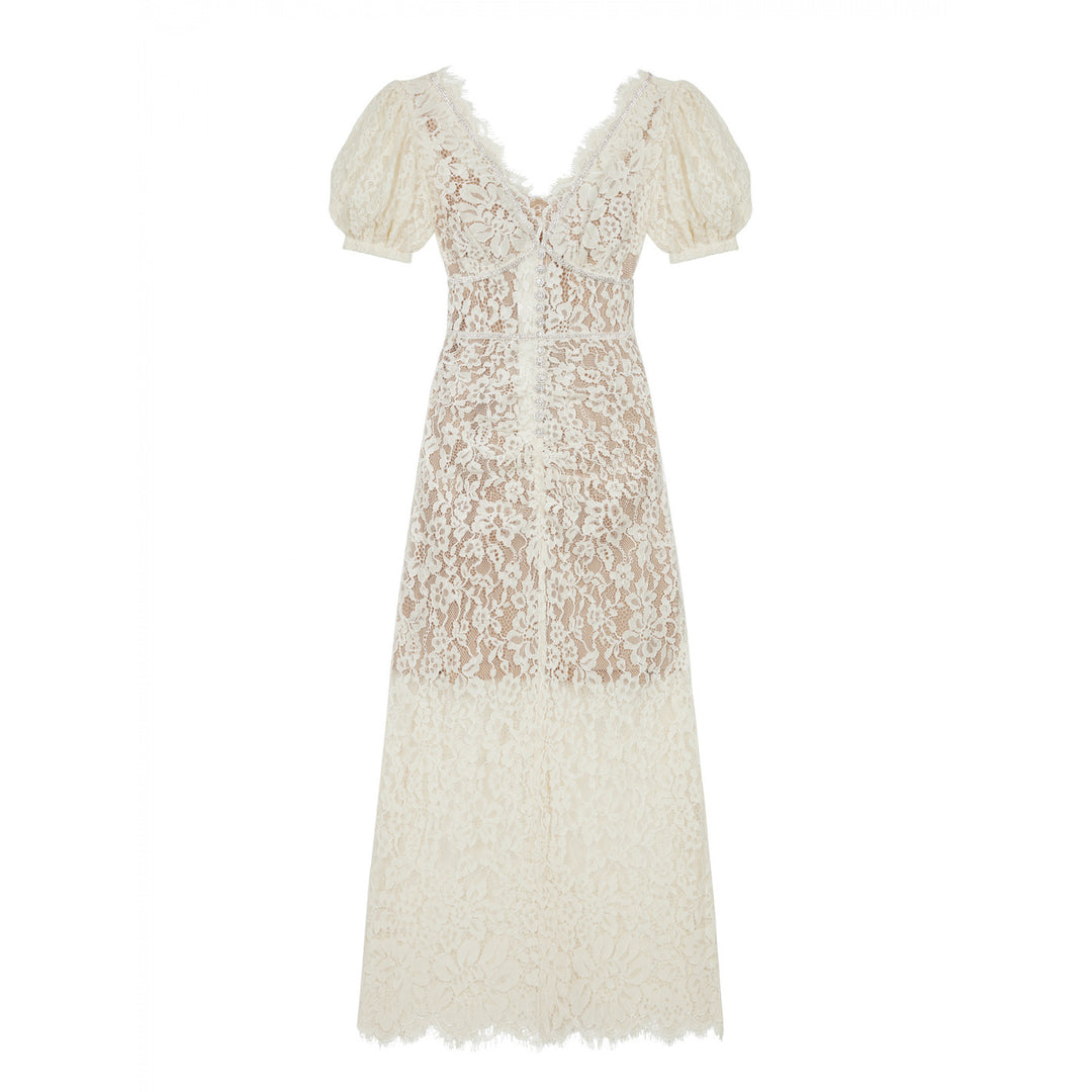 Ladies White Lace V Neck Rhinestone Button Dress - JOcaste