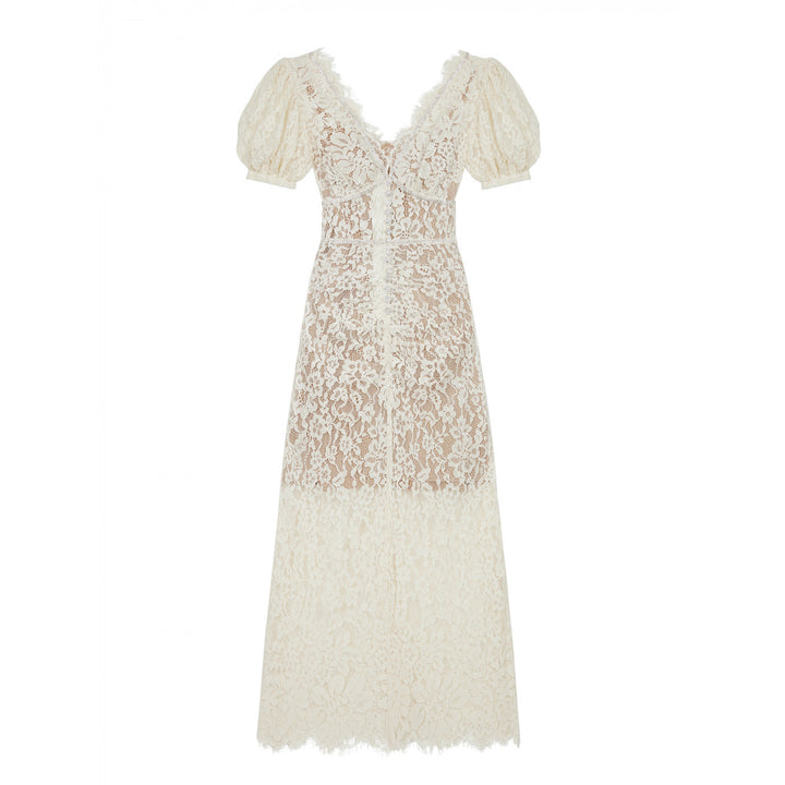 Ladies White Lace V Neck Rhinestone Button Dress - JOcaste