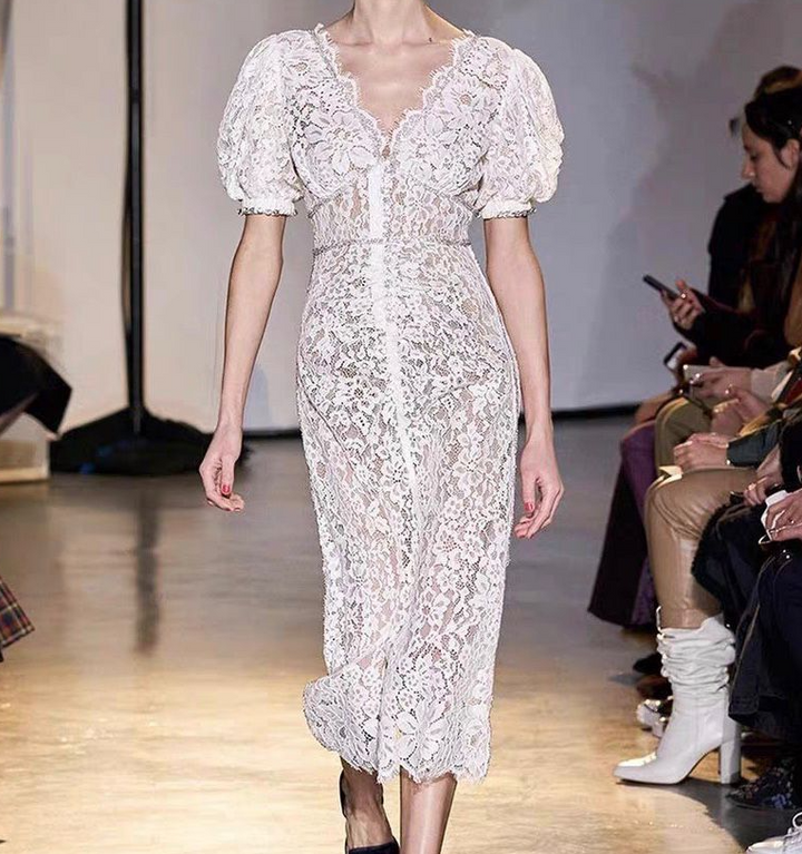 Ladies White Lace V Neck Rhinestone Button Dress - JOcaste
