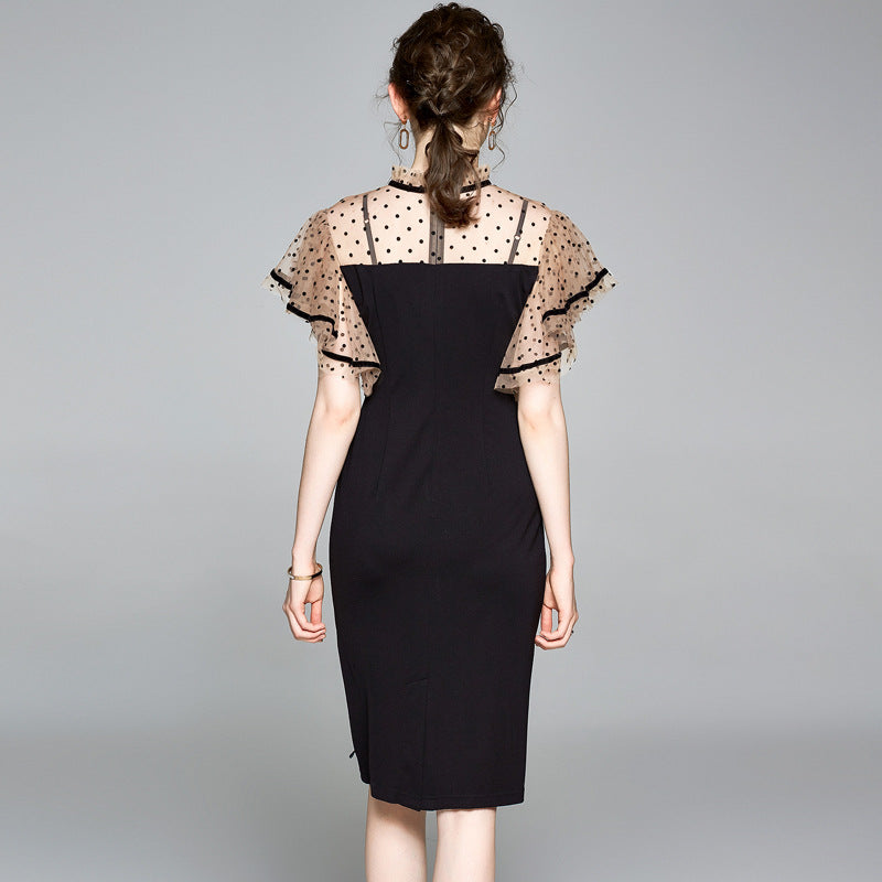 Mesh Stitching Slim Mid-length Bag Hip Dress