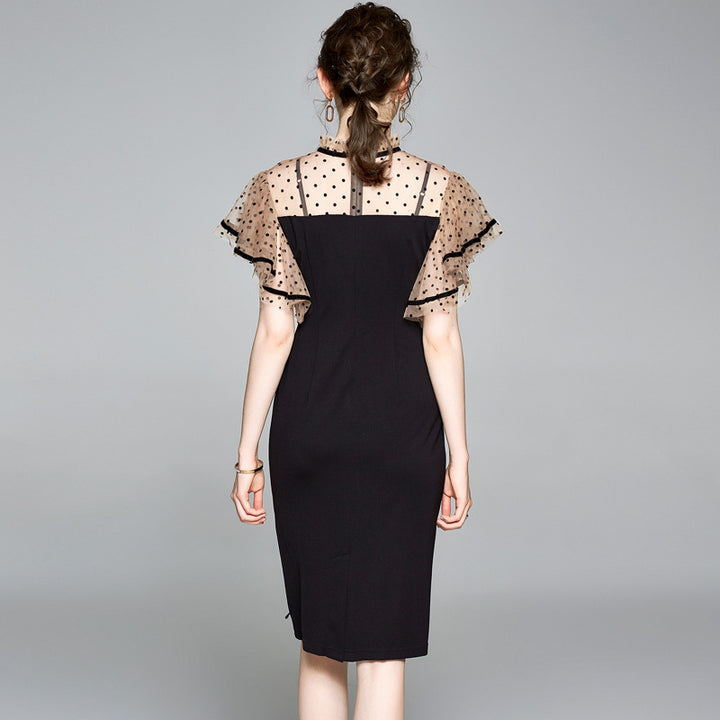 Mesh Stitching Slim Mid-length Bag Hip Dress