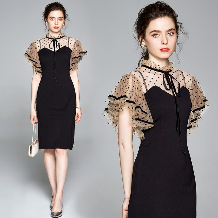 Mesh Stitching Slim Mid-length Bag Hip Dress