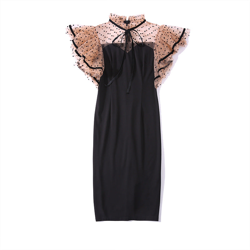 Mesh Stitching Slim Mid-length Bag Hip Dress