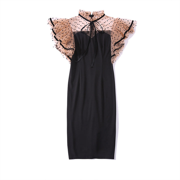 Mesh Stitching Slim Mid-length Bag Hip Dress