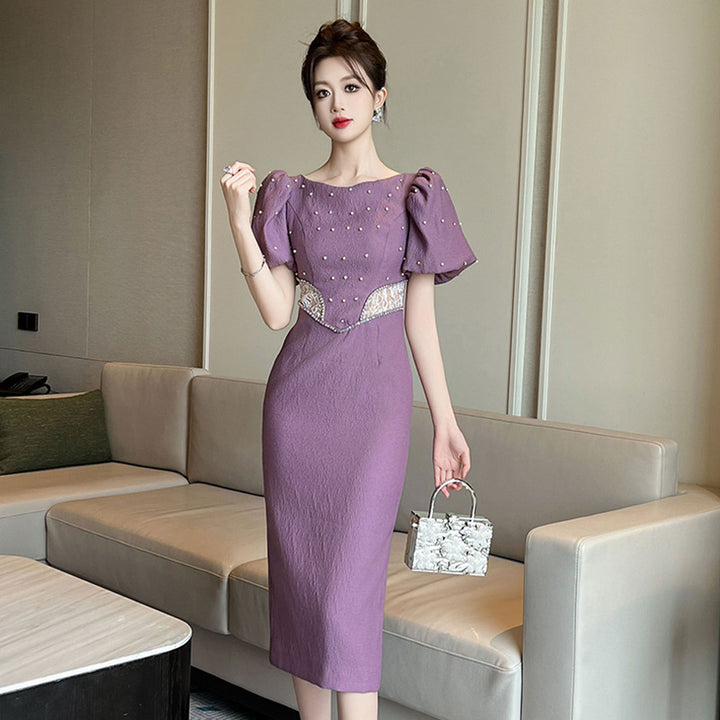 Round Neck Puff Sleeve Slim Fit Dress Women