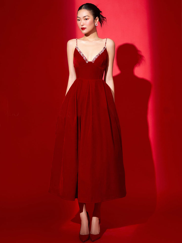 Deep V Neckline Suspender Sexy Backless Sleeveless Velvet Crimson Princess Dress - JOcaste