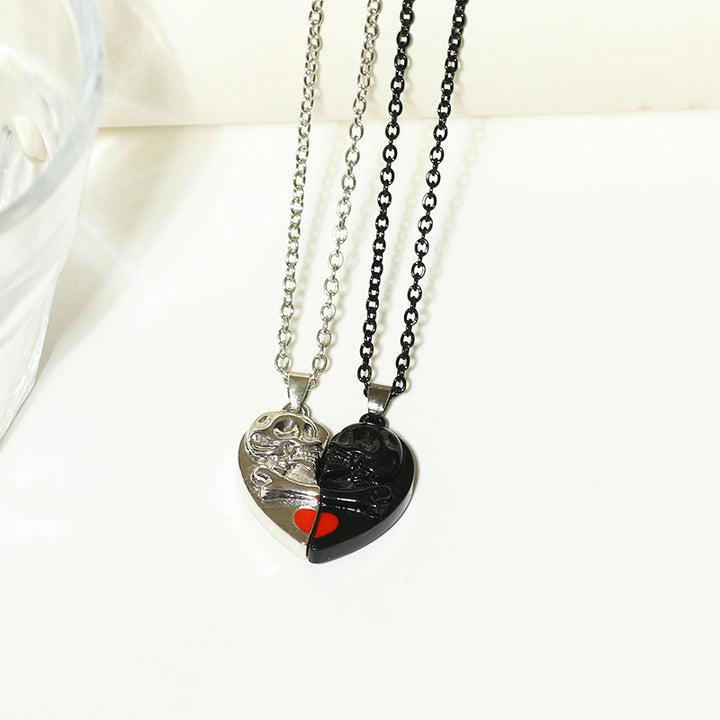 Punk Retro Skull Pendant Halloween Necklace Heart-shaped Magnetic Stitching Love Skull Couple Necklace - JOcaste