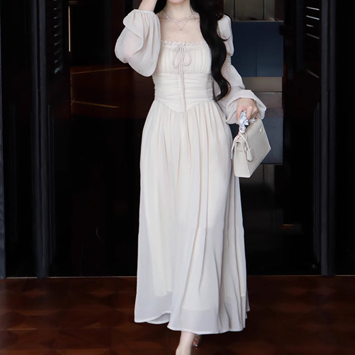 Temperament Square Collar Chiffon Long Sleeve Fairy Dress Women